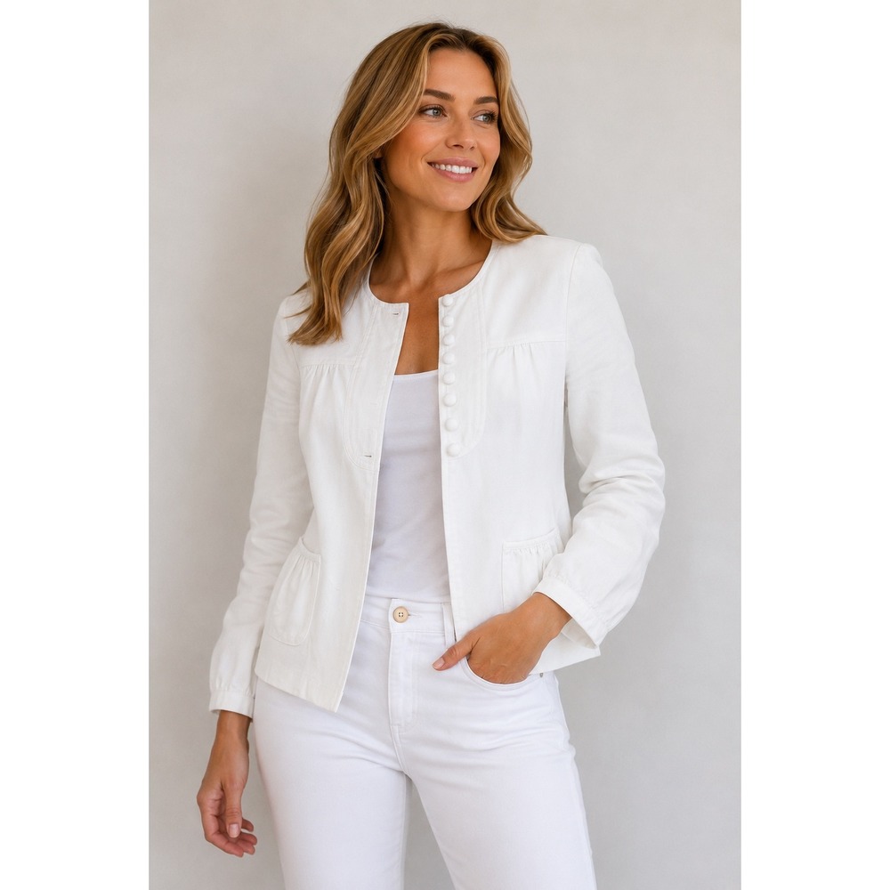 WD-NY Womens White Cotton Blend Collarless Button Front Jacket Size 6 RN111745